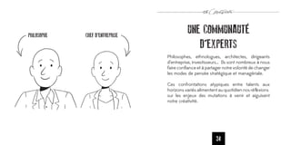 PHILOSOPHE   CHEF D’ENTREPRISE
                                           UNE COMMUNAUTÉ
                                              D’EXPERTS
                                 Philosophes, ethnologues, architectes, dirigeants
                                 d’entreprise, investisseurs… Ils sont nombreux à nous
                                 faire conﬁance et à partager notre volonté de changer
                                 les modes de pensée stratégique et managériale.

                                 Ces confrontations atypiques entre talents aux
                                 horizons variés alimentent au quotidien nos réﬂexions
                                 sur les enjeux des mutations à venir et aiguisent
                                 notre créativité.




                                                          34
 