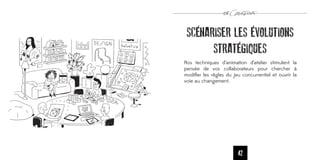 SCÉNARISER LES ÉVOLUTIONS
       STRATÉGIQUES
Nos techniques d’animation d’atelier stimulent la
pensée de vos collaborateurs pour chercher à
modiﬁer les règles du jeu concurrentiel et ouvrir la
voie au changement.




                        42
 