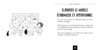ELABORER LE MODÈLE
ÉCONOMIQUE ET OPÉRATIONNEL
Ce n’est pas toujours la meilleure idée qui fait la
meilleure stratégie.

Voilà pourquoi, nous stimulons l’examen critique de
vos collaborateurs pour générer le business model et
la road map du projet.

Nous nous engageons, de ce fait, à vos côtés sur des
résultats concrets et pérennes.




                        44
 