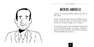 NICOLAS MINVIELLE
Docteur en économie EHESS, diplômé de ScPo et
kite-surfeur.

Ancien responsable des marques de Philippe Starck,
Nicolas a créé en 2005 un des premiers cabinets
français de conseil en design et en innovation.

Auteur de 6 ouvrages, il est actuellement responsable
du MS Marketing, Design et Création d’Audencia
Nantes ainsi que professeur d’architecture d’intérieur
à l’Ecole Hôtelière de Lausanne.




                          6
 