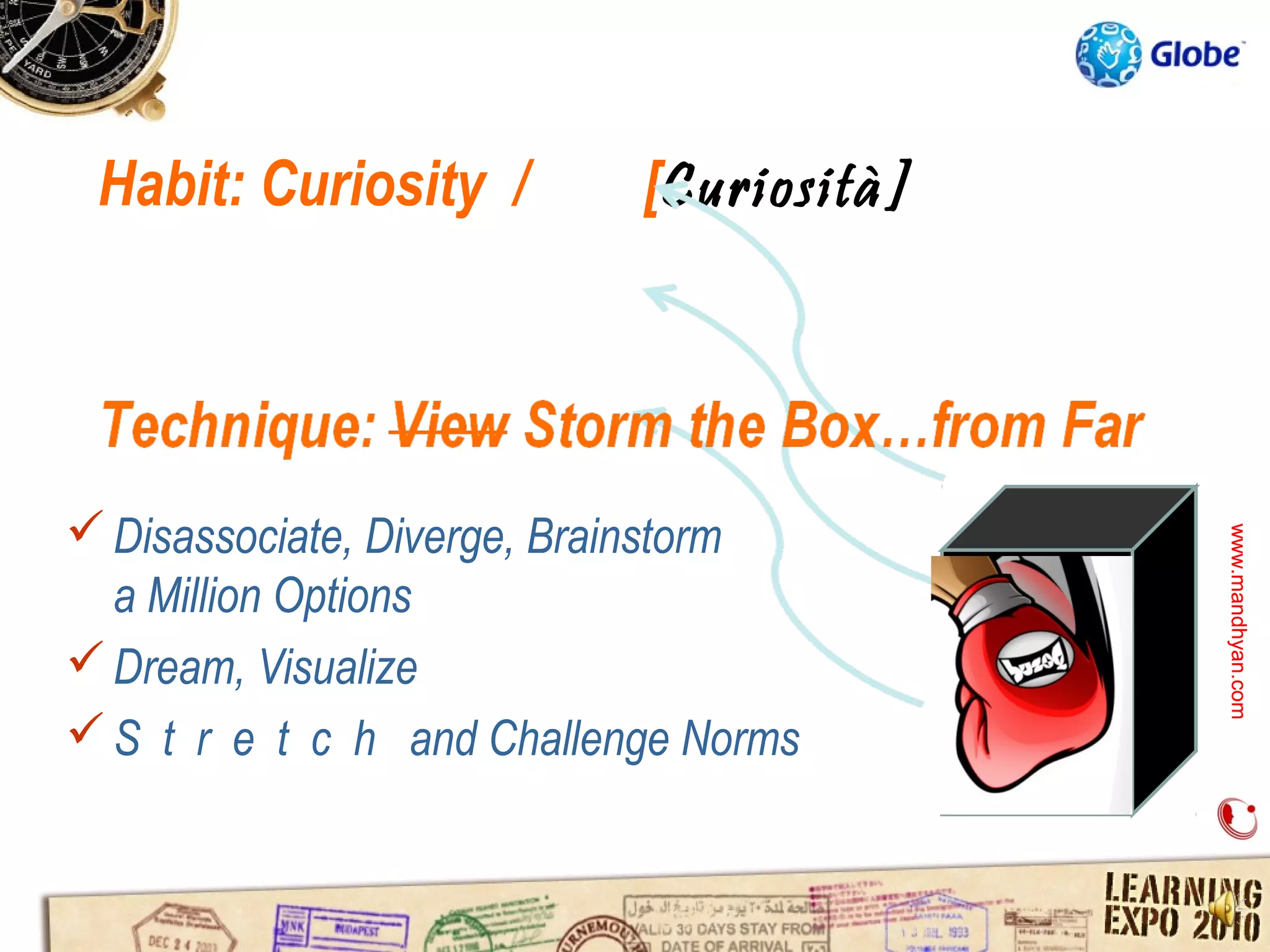 Habit: Curiosity /        [Curiosità]




 Disassociate, Diverge, Brainstorm




                                         www.mandhyan.com
                                         www.mandhyan.com
  a Million Options
 Dream, Visualize
 S t r e t c h and Challenge Norms
 