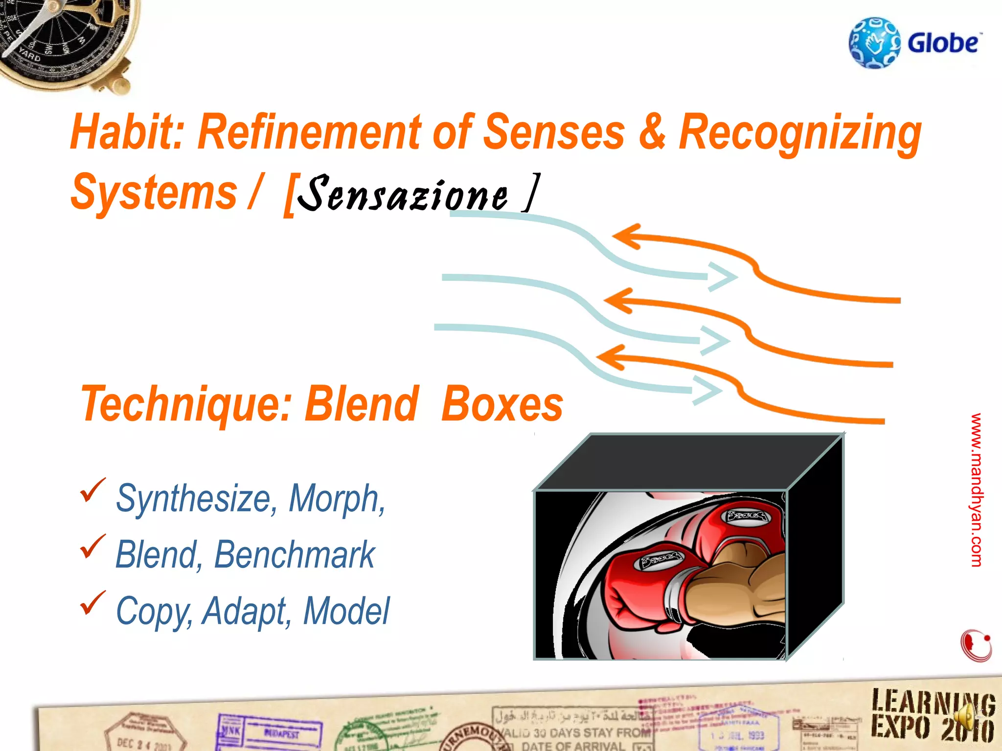 Habit: Refinement of Senses & Recognizing
Systems / [Sensazione ]



Technique: Blend Boxes




                                            www.mandhyan.com
                                            www.mandhyan.com
 Synthesize, Morph,
 Blend, Benchmark
 Copy, Adapt, Model
 