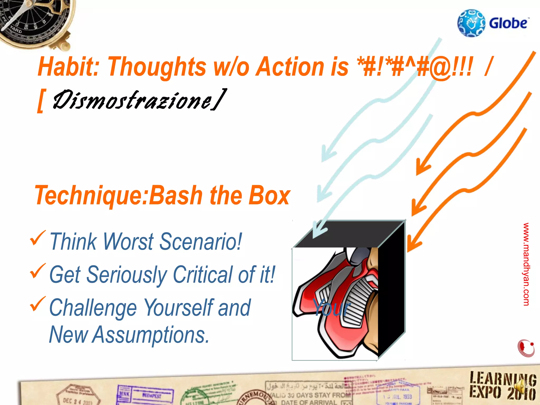 Habit: Thoughts w/o Action is *#!*#^#@!!! /
 [ Dismostrazione]


Technique:Bash the Box




                                               www.mandhyan.com
                                               www.mandhyan.com
Think Worst Scenario!
Get Seriously Critical of it!
Challenge Yourself and          Your
 New Assumptions.
 