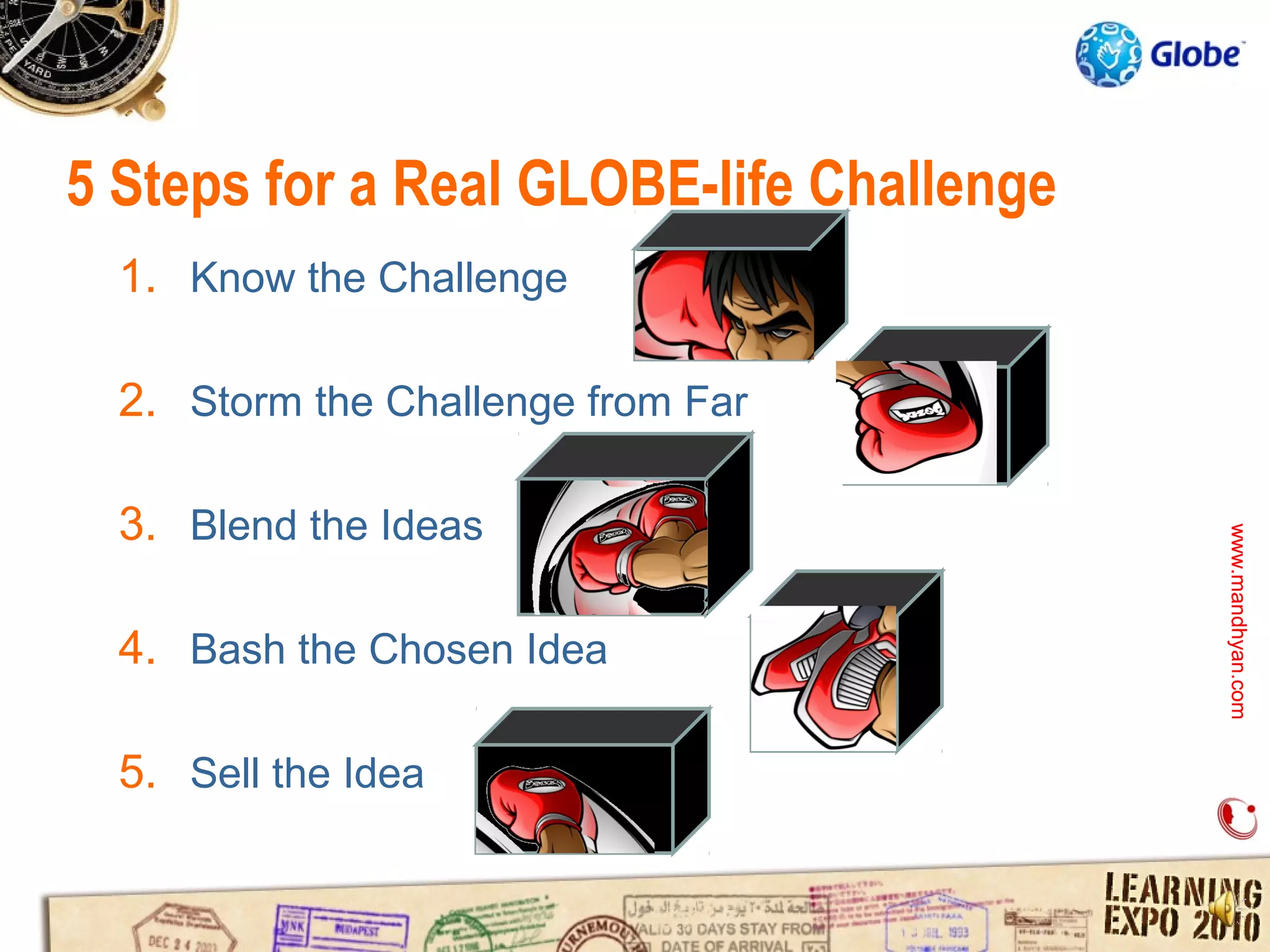 5 Steps for a Real GLOBE-life Challenge
  1. Know the Challenge

  2. Storm the Challenge from Far

  3. Blend the Ideas




                                          www.mandhyan.com
                                          www.mandhyan.com
  4. Bash the Chosen Idea

  5. Sell the Idea
 