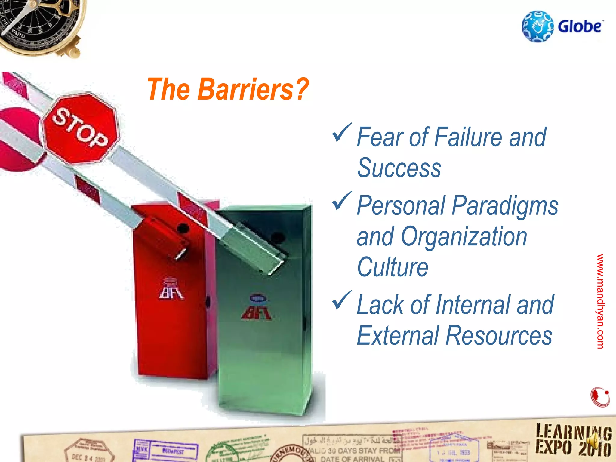 The Barriers?
                 Fear of Failure and
                  Success
                 Personal Paradigms
                  and Organization
                  Culture




                                         www.mandhyan.com
                                         www.mandhyan.com
                 Lack of Internal and
                  External Resources
 