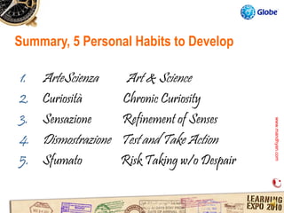 Summary, 5 Personal Habits to Develop

1.   ArteScienza       Art & Science
2.   Curiosità        Chronic Curiosity
3.   Sensazione       Refinement of Senses




                                                www.mandhyan.com
                                                www.mandhyan.com
4.   Dismostrazione   Test and Take Action
5.   Sfumato          Risk Taking w/o Despair
 