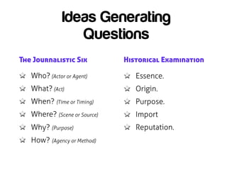 Ideas Generating
                 Questions
The Journalistic Six          Historical Examination

   Who? (Actor or Agent)...