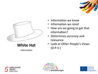 White	
  Hat	
  
Informa7on	
  
•  Informa7on	
  we	
  know	
  
•  Informa7on	
  we	
  need	
  
•  How	
  are	
  we	
  going	
  to	
  get	
  that	
  
informa7on?	
  
•  Determines	
  accuracy	
  and	
  
relevance	
  
•  Look	
  at	
  Other	
  People’s	
  Views	
  
(O.P.V.)	
  
 