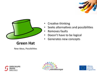 Green	
  Hat	
  
New	
  Ideas,	
  Possibili7es	
  
•  Crea7ve	
  thinking	
  
•  Seeks	
  alterna7ves	
  and	
  possibili7es	
  
•  Removes	
  faults	
  
•  Doesn’t	
  have	
  to	
  be	
  logical	
  
•  Generates	
  new	
  concepts	
  
 
