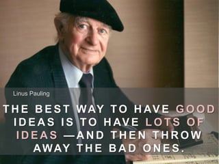 T H E B E S T WAY TO H AV E G O O D
I D E A S I S TO H AV E L O T S O F
I D E A S — A N D T H E N T H R O W
AWAY T H E B A D O N E S .
Linus Pauling
 