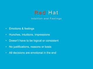 R e d Hat
I n t u i t i o n a n d F e e l i n g s
•  Emotions & feelings
•  Hunches, intuitions, impressions
•  Doesn’t have to be logical or consistent
•  No justifications, reasons or basis
•  All decisions are emotional in the end
 