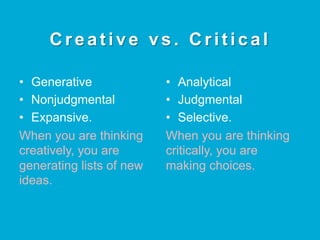 C r e a t i v e v s . C r i t i c a l
•  Generative
•  Nonjudgmental
•  Expansive.
When you are thinking
creatively, you are
generating lists of new
ideas.
•  Analytical
•  Judgmental
•  Selective.
When you are thinking
critically, you are
making choices.
 