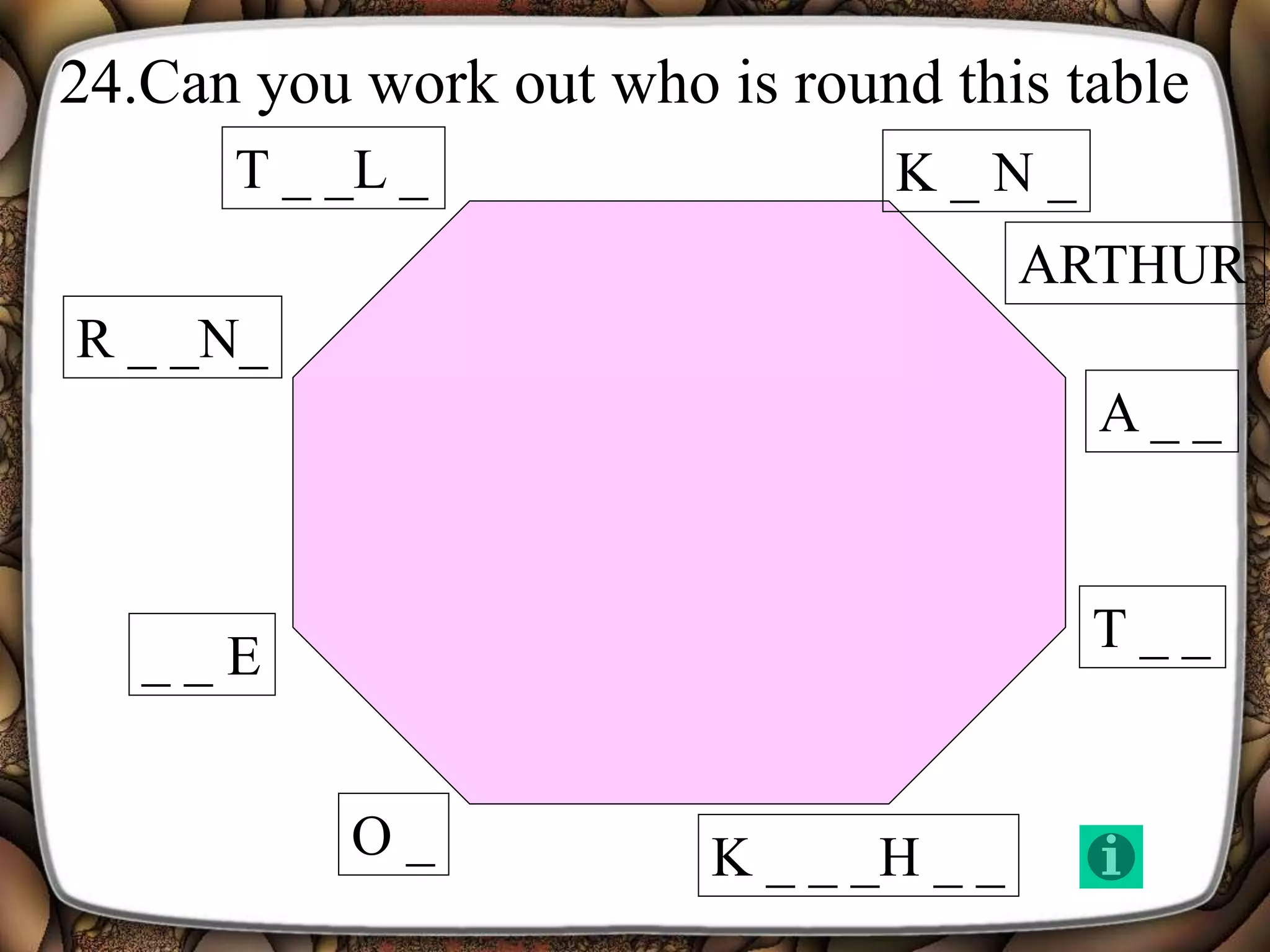 A _ _
ARTHUR
K _ N _
T _ _
K _ _ _H _ _O _
_ _ E
T _ _L _
R _ _N_
24.Can you work out who is round this table
 