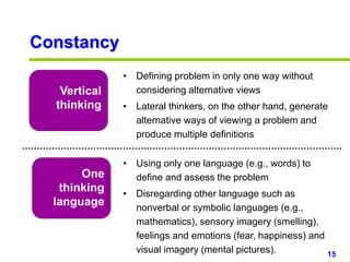 15www.studyMarketing.org
Constancy
Vertical
thinking
One
thinking
language
• Defining problem in only one way without
considering alternative views
• Lateral thinkers, on the other hand, generate
alternative ways of viewing a problem and
produce multiple definitions
• Using only one language (e.g., words) to
define and assess the problem
• Disregarding other language such as
nonverbal or symbolic languages (e.g.,
mathematics), sensory imagery (smelling),
feelings and emotions (fear, happiness) and
visual imagery (mental pictures).
 