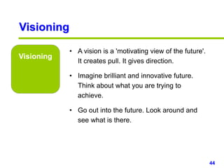 44www.studyMarketing.org
Visioning
Visioning
• A vision is a 'motivating view of the future'.
It creates pull. It gives direction.
• Imagine brilliant and innovative future.
Think about what you are trying to
achieve.
• Go out into the future. Look around and
see what is there.
 