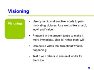 45www.studyMarketing.org
Visioning
Visioning
• Use dynamic and emotive words to paint
motivating pictures. Use words like 'sharp',
'now' and 'value'.
• Phrase it in the present tense to make it
more immediate. Use 'is' rather than 'will'.
• Use active verbs that talk about what is
happening.
• Test it with others to ensure it works for
them too.
 
