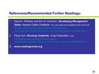 51www.studyMarketing.org
References/Recommended Further Readings:
1. David A. Whetten and Kim S. Cameron, Developing Management
Skills, Harpers Collins Publisher. You can obtain this excellent book at this link:
http://www.amazon.com/Developing-Management-Skills-David-
Whetten/dp/0131747428/ref=pd_bbs_sr_1?ie=UTF8&s=books&qid=1219800012&sr=1-1
2. Floyd Hurt, Rousing Creativity, Crisp Publication. Link:
http://www.amazon.com/Crisp-Rousing-Creativity-
Professional/dp/1560525479/ref=sr_1_1?ie=UTF8&s=books&qid=1219802592&sr=1-1
3. www.creatingminds.org
 