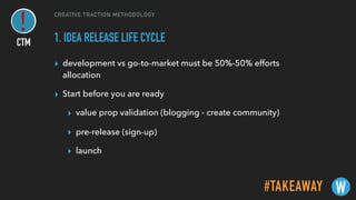 CREATIVE TRACTION METHODOLOGY
1. IDEA RELEASE LIFE CYCLE
▸ development vs go-to-market must be 50%-50% efforts
allocation
▸ Start before you are ready
▸ value prop validation (blogging - create community)
▸ pre-release (sign-up)
▸ launch
#TAKEAWAY W
CTM
 