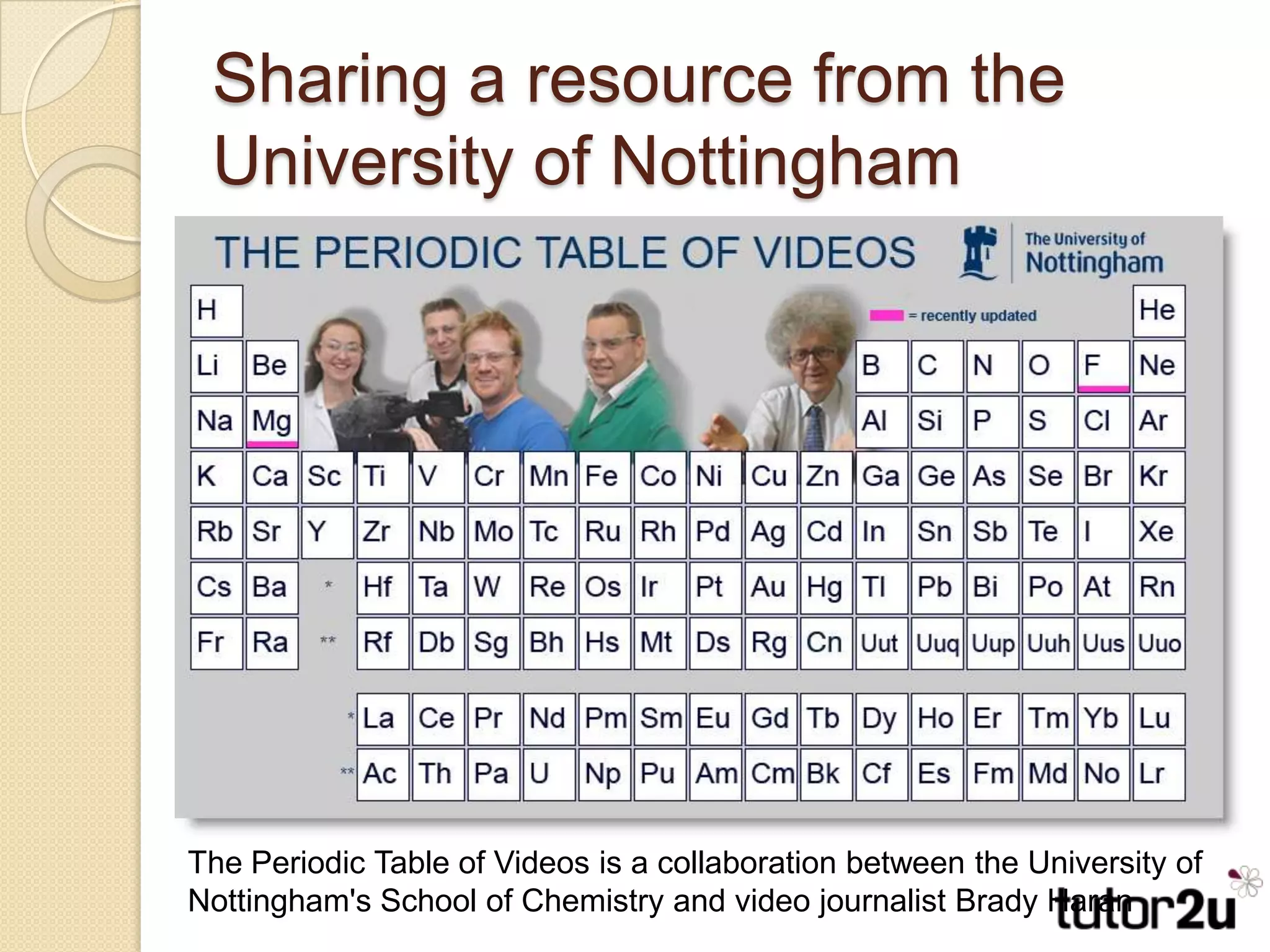 Sharing a resource from the University of NottinghamThe Periodic Table of Videos is a collaboration between the University of Nottingham's School of Chemistry and video journalist Brady Haran
