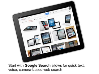 Start with Google Search allows for quick text,
voice, camera-based web search
 