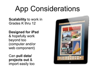 App Considerations
Scalability to work in
Grades K thru 12

Designed for iPad
& hopefully work
beyond too
(computer and/or
web component)

Can pull data/
projects out &
import easily too
 