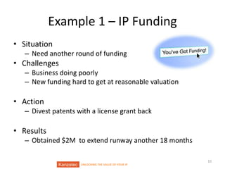Example 1 – IP Funding
• Situation
– Need another round of funding

• Challenges
– Business doing poorly
– New funding hard to get at reasonable valuation

• Action
– Divest patents with a license grant back

• Results
– Obtained $2M to extend runway another 18 months
UNLOCKING THE VALUE OF YOUR IP

10

 