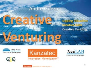 Andre Gueziec

Creative
Venturing
UNLOCKING THE VALUE OF YOUR IP

Upping Valuation
Creative Exits
Creative Funding

29

 