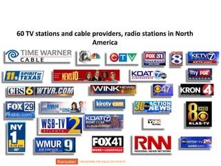 60 TV stations and cable providers, radio stations in North
America

12/9/2013

UNLOCKING THE VALUE OF YOUR IP

5/16

 