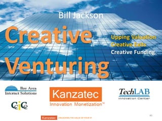 Bill Jackson

Creative
Venturing
UNLOCKING THE VALUE OF YOUR IP

Upping Valuation
Creative Exits
Creative Funding

40

 