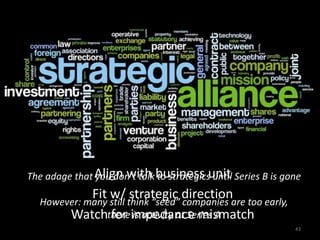 The adage that Align with business unit Series B is gone
you don’t talk to strategics until

Fit still think “seed” directionare too early,
w/ strategic companies
However: many
Watchthere impedance mismatch
for is activity at Series A
UNLOCKING THE VALUE OF YOUR IP

43

 