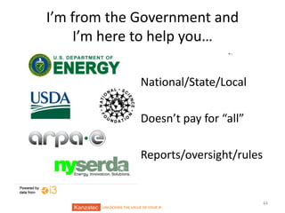 I’m from the Government and
I’m here to help you…
National/State/Local
Doesn’t pay for “all”
Reports/oversight/rules

UNLOCKING THE VALUE OF YOUR IP

44

 