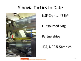 Sinovia Tactics to Date
NSF Grants ~$1M
Outsourced Mfg
Partnerships
JDA, NRE & Samples

UNLOCKING THE VALUE OF YOUR IP

46

 
