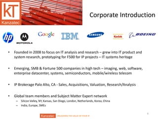 Corporate Introduction

•

Founded in 2008 to focus on IT analysis and research – grew into IT product and
system research, prototyping for F500 for IP projects – IT systems heritage

•

Emerging, SMB & Fortune 500 companies in high tech – imaging, web, software,
enterprise datacenter, systems, semiconductors, mobile/wireless telecom

•

IP Brokerage Palo Alto, CA - Sales, Acquisitions, Valuation, Research/Analysis

•

Global team members and Subject Matter Expert network
–
–

Silicon Valley, NY, Kansas, San Diego, London, Netherlands, Korea, China
India, Europe, SMEs

UNLOCKING THE VALUE OF YOUR IP

6

 