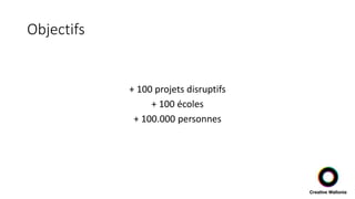 Objectifs
+ 100 projets disruptifs
+ 100 écoles
+ 100.000 personnes