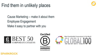14
Find them in unlikely places
Cause Marketing – make it about them
Employee Engagement
Make it easy to partner with you
 