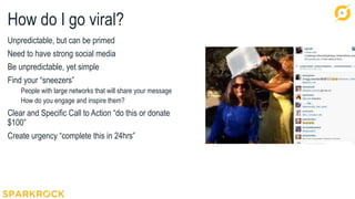 19
How do I go viral?
Unpredictable, but can be primed
Need to have strong social media
Be unpredictable, yet simple
Find your “sneezers”
People with large networks that will share your message
How do you engage and inspire them?
Clear and Specific Call to Action “do this or donate
$100”
Create urgency “complete this in 24hrs”
 
