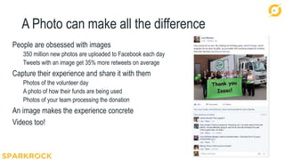 21
A Photo can make all the difference
People are obsessed with images
350 million new photos are uploaded to Facebook each day
Tweets with an image get 35% more retweets on average
Capture their experience and share it with them
Photos of the volunteer day
A photo of how their funds are being used
Photos of your team processing the donation
An image makes the experience concrete
Videos too!
 