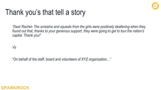 24
Thank you’s that tell a story
“Dear Rachel- The screams and squeals from the girls were positively deafening when they
found out that, thanks to your generous support, they were going to get to tour the nation’s
capital. Thank you!”
Vs
“On behalf of the staff, board and volunteers of XYZ organization…”
 