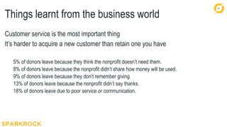 35
Things learnt from the business world
Customer service is the most important thing
It’s harder to acquire a new customer than retain one you have
5% of donors leave because they think the nonprofit doesn’t need them.
8% of donors leave because the nonprofit didn’t share how money will be used.
9% of donors leave because they don’t remember giving.
13% of donors leave because the nonprofit didn’t say thanks.
18% of donors leave due to poor service or communication.
 