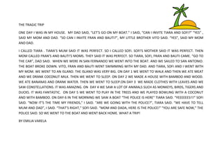 THE TRAGIC TRIP
ONE DAY I WAS IN MY HOUSE. MY DAD SAID, “LET’S GO ON MY BOAT.” I SAID, “CAN I INVITE TIARA AND SOFI?” “YES” ,
SAID MY MOM AND DAD. “SO CAN I INVITE FRAN AND BAUTI?”, MY LITTLE BROTHER VITO SAID. “YES”, SAID MY MOM
AND DAD.
I CALLED TIARA . TIARA’S MUM SAID IT WAS PERFECT. SO I CALLED SOFI. SOFI’S MOTHER SAID IT WAS PERFECT. THEN
MOM CALLED FRAN’S AND BAUTI’S MOMS. THEY SAID IT WAS PERFECT. SO TIARA, SOFI, FRAN AND BAUTI CAME. “GO TO
THE CAR”, DAD SAID. WHEN WE WERE IN SAN FERNANDO WE WENT INTO THE BOAT. AND WE SAILED TO SAN ANTONIO.
THE BOAT BROKE DOWN. VITO, FRAN AND BAUTI WENT SWIMMING WITH MY DAD. AND TIARA, SOFI AND I WENT WITH
MY MOM. WE WENT TO AN ISLAND. THE ISLAND WAS VERY BIG. ON DAY 1 WE WENT TO WALK AND THEN WE ATE MEAT
AND WE DRANK COCONUT MILK. THEN WE WENT TO SLEEP. ON DAY 2 WE MADE A HOUSE WITH BAMBOO AND WOOD.
WE ATE BANANAS AND DRANK WATER. THEN WE WENT TO SLEEP.ON DAY 3 WE MADE CLOTHES WITH LEAVES AND WE
SAW CONSTELLATIONS. IT WAS AMAZING. ON DAY 4 WE SAW A LOT OF ANIMALS SUCH AS MONKEYS, BIRDS, TIGERS AND
DUCKS. IT WAS FANTASTIC. ON DAY 5 WE WENT TO PLAY IN THE TREES AND WE PLAYED BOWLING WITH A COCONUT
AND WITH BAMBOO. ON DAY 6 IN THE MORNING WE SAW A BOAT “THE POLICE IS HERE” TIARA SAID. “YEEEEEES!!!” SOFI
SAID. “NOW IT’S THE TIME MY FRIENDS,” I SAID. “ARE WE GOING WITH THE POLICE?”, TIARA SAID. “WE HAVE TO TELL
MUM AND DAD”, I SAID. “THAT’S RIGHT,” SOFI SAID. “MOM AND DADA, HERE IS THE POLICE!” “YOU ARE SAFE NOW,” THE
POLICE SAID. SO WE WENT TO THE BOAT AND WENT BACK HOME. WHAT A TRIP!
BY EMILIA VARELA

 