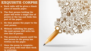 EXQUISITE CORPSE
a. Each table will be given a blank
piece of manila paper.
b. The first person holding the
paper will write a single line of
poetry at the top and folds this
part of the paper.
c. He then passes the paper to the
next person.
d. Without unfolding the paper,
the next person will write his
own line of poetry.
e. The procedure repeats until the
last person in the group has
written on the paper.
f. Once the poem is complete,
each group will read their work
to everyone.
 