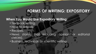 FORMS OF WRITING: EXPOSITORY
When You Would Use Expository Writing:
• Textbook writing.
• How-to articles.
• Recipes.
• News stories (not including opinion or editorial
pieces).
• Business, technical, or scientific writing.
 