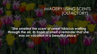 IMAGERY USING SCENTS
(OLFACTORY)
“She smelled the scent of sweet hibiscus wafting
through the air, its tropical smell a reminder that she
was on vacation in a beautiful place.”
 