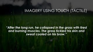 IMAGERY USING TOUCH (TACTILE)
“After the long run, he collapsed in the grass with tired
and burning muscles. The grass tickled his skin and
sweat cooled on his brow.”
 