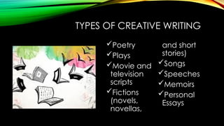 TYPES OF CREATIVE WRITING
Poetry
Plays
Movie and
television
scripts
Fictions
(novels,
novellas,
and short
stories)
Songs
Speeches
Memoirs
Personal
Essays
 