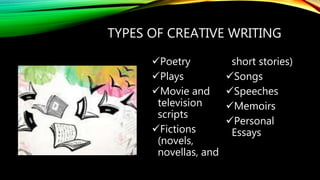 TYPES OF CREATIVE WRITING
Poetry
Plays
Movie and
television
scripts
Fictions
(novels,
novellas, and
short stories)
Songs
Speeches
Memoirs
Personal
Essays
 