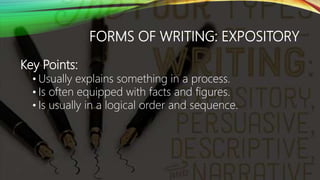 FORMS OF WRITING: EXPOSITORY
Key Points:
• Usually explains something in a process.
• Is often equipped with facts and figures.
• Is usually in a logical order and sequence.
 