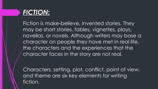 FICTION:
Fiction is make-believe, invented stories. They
may be short stories, fables, vignettes, plays,
novellas, or novels. Although writers may base a
character on people they have met in real life,
the characters and the experiences that the
character faces in the story are not real.
Characters, setting, plot, conflict, point of view,
and theme are six key elements for writing
fiction.
 