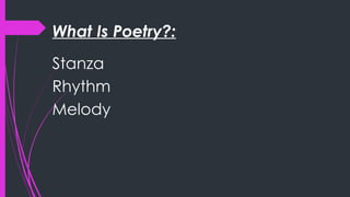 What Is Poetry?:
Stanza
Rhythm
Melody
 