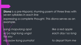 Diona is a pre-Hispanic rhyming poem of three lines with
seven syllables in each line
expressing a complete thought. This diona serves as an
example.
isang mapulang apol like a red apple
sa’yo lagi kong ungol each day I so long
for you
na ayaw kong pumatol to depart from me
 